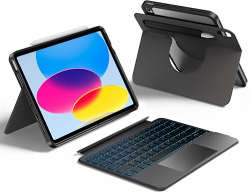 HOU Keyboard Case for iPad A16 11/10, Rotatable & Detachable, Adjustable Stand, Elastic Pen Holder, Full Protection Cover, 7-Colors Backlight, Multi-Touch Trackpad