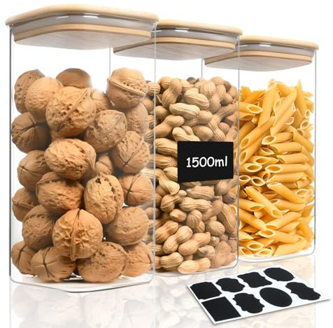 AOOTE Bocaux Rangement en Verre Hermétique, 3PCS 1500ml Pots et Bocaux de Conservation Cuisine avec Couvercle et Étiquettes, pour Céréales, Cornflakes, Haricots