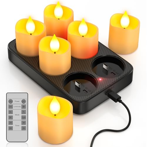 Yme 6 Piezas Velas de Té LED Recargables USB con Base de Carga, Vela LED Efecto Llama Velas Electricas Decorativas con Mando a Distancia para Halloween Navidad Fiesta Hogar Cara Decoración