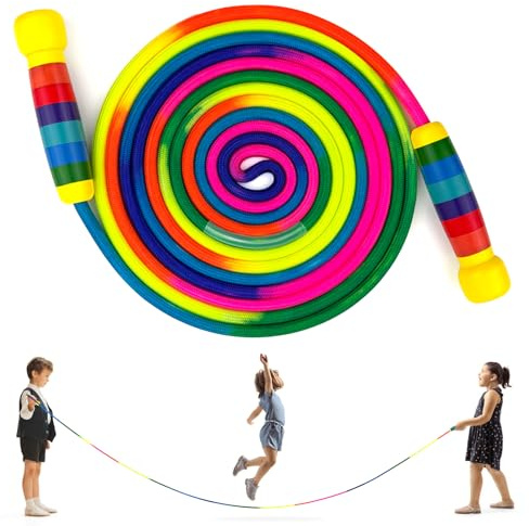 HOSHINO 16 FT Long Jump Rope for Kids, Adjustable Groups Rope Skipping with Wooden Handle, Multiplayer Rainbow Jumping Rope for Outdoor Fun, School Sport, Party Game (Rainbow Handle, 1PCS)