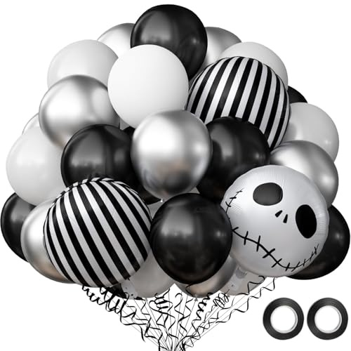QINQINZIJIN 63 Stück Halloween Ballons, 12 Zoll Metallic Luftballons Schwarz Weiß Silber, Gestreifte Skelett Folienballons, für Halloween Deko Geburtstag Party Feste Karneval
