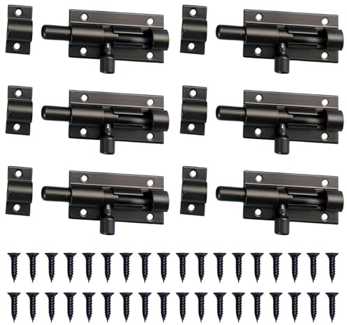 6 Black Door Bolts for Internal Doors, Bathroom Locks for Doors, Heavy Duty Aluminum Alloy Sliding Bolt Lock, Secure Gate Bolt for Bedroom, Bathroom, Garden, Pet Fence, and Cabinets (2 Inch)