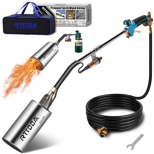 Propane Torch Weed Burner-GJD490, 1,300,000 BTU, Weed Torch with 1lb Propane Cylinder Converter and 10FT Hose, Flame Control and Turbo Trigger Push Button Igniter, Garden Wood Ice Snow (Blue)