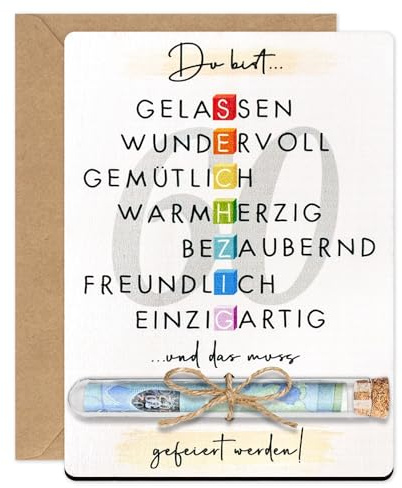 Happirra Geschenk zum 60 Geburtstag Frau Mann, Geldgeschenke Geburtstag 60 - Holz Geburtstagskarte 60 mit Lobwörter, Briefumschlag & Reagenzgläser, Geburtstagsgeschenk für Frauen Männer 60