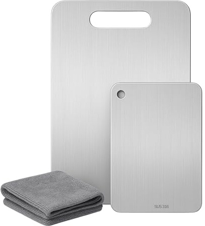 Tabla de Cortar Acero Inoxidable, Antibacteriana y Reversible, Set de 2 Tablas de Cocina Resistentes y Aptas para Lavavajillas + 1 Paño Microfibra de Limpieza, Tabla Cocina Acero Inoxidable SUS316