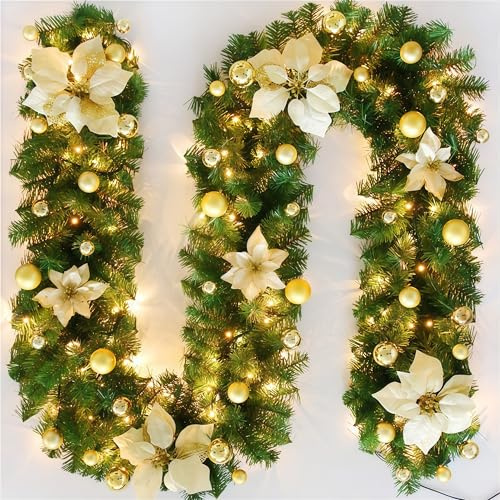 Christmas Garland, 2.7m/ 8.86ft, illuminated by LED lights, can be used on stair railings, fireplace tops and other scenes. (gold)