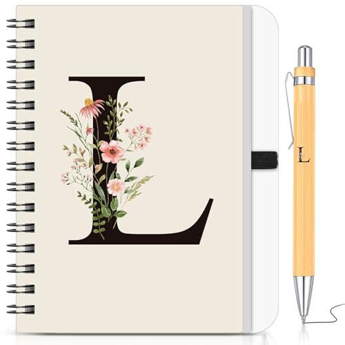 BBTO Personalisiertes Notizbuch mit Initiale L, Florales B6 Spiralnotizbuch mit Bambus Stift Set Tagebuch Geschenk für Freundin Kollegin Mädchen Frauen Weihnachten Geburtstag Valentinstag Abschluss