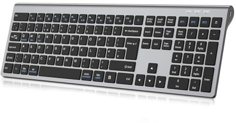 RaceGT Wireless Keyboard Bluetooth, Keyboard Rechargeable USB-C Ultra Slim Silent Ergonomic, Connect 3 Devices, ON/OFF Switch, Numeric Keypad, Scissors Switch Full Size QWERTY UK Layout