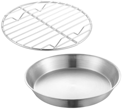 MOBUTOFU Runde Edelstahl Grillplatte mit Abtropfrost Ölablauf Backblech Einsetzbar für Grillofen und Backofen Rost aus Langlebigem Edelstahl Gesundes Grillen und Backen