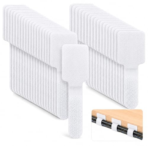 50 Pcs White Self-Stick Cable Management Fasteners, Reusable Hook & Loop Cord Wraps, No-Drill Adhesive Wire Holders for Desk, Home Appliance & Electronic Cord Organization