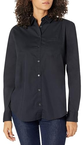 Amazon Essentials Chemise Boutonnée en Popeline à Manches Longues, Coupe Classique Femme, Noir, L