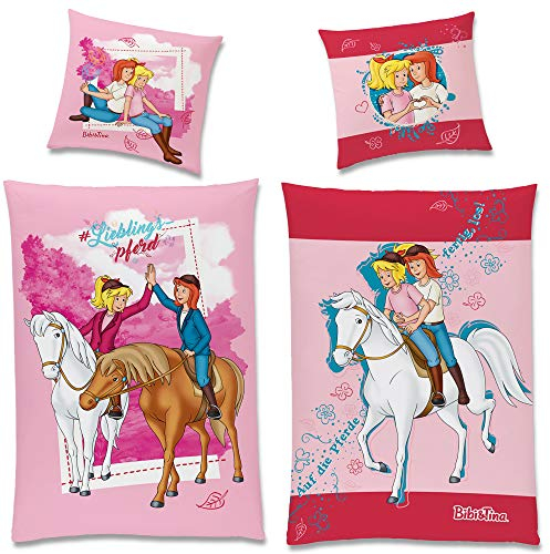 Bibi und Tina Flanell Kinder Wende-Bettwäsche Lieblingspferd 135x200cm + 80x80cm mit YKK-Reißverschluss 100% Baumwolle Biber Bibi Blocksberg Tina Pferde-Bettwäsche Sabrina Amadeus Deutsche Größe