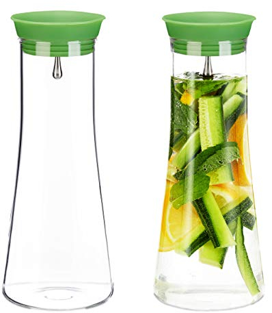 2X Caraffa Cilindrica in Vetro, da 1 litro, Tappo Salvagoccia in Acciaio Inox, Cristallo Raffinato, Trasparente