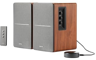 Edifier R1280T+WiiM Mini – WiFi-Aktivlautsprecher – 42W – Multiroom-Audio mit WiFi + Bluetooth – Hi-Res Audio 24Bit/96kHz – DSP-Klangregelung – Cinch, AUX, optischer Eingang – Fernbedienung