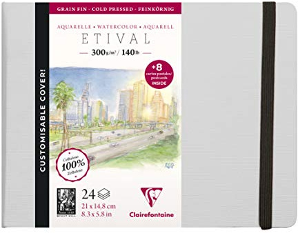 Clairefontaine 975445C - Un carnet cousu de papier dessin Etival à grain fin comprenant 24 pages 21x14,8 cm 300g + 8 cartes postales pré-imprimées