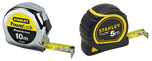 Stanley - Powerlock mètre Ruban 10m x 25mm Fabriqué en France- Ruban Large & 1-30-697 - Mètre Tylon Bi matière 5m X 19mm - Ruban Anti-Corrosion - Blocage Du Ruban - Position Du Zéro Réel