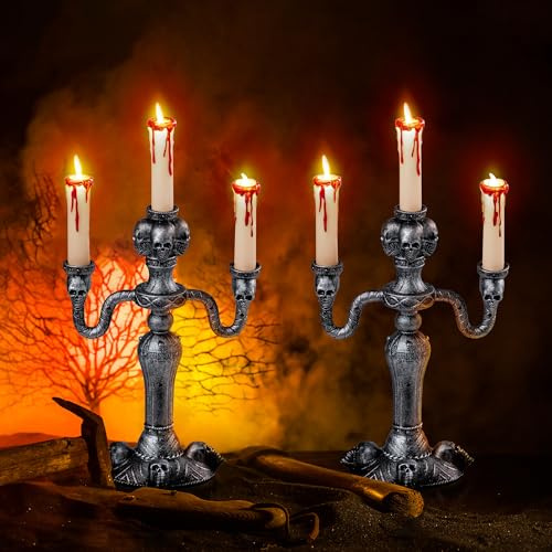 JOYIN Lot de 2 candélabres hantés, bougies LED avec minuterie de 6 heures, bougies scintillantes à piles pour Halloween, décoration d'intérieur, décoration d'Halloween
