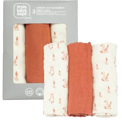 Trois Kilos Sept - Set di 3 mussole per neonato – Certificé Oeko-tex – 70 x 70 cm – Motivo terracotta
