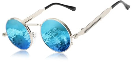 KINGSEVEN Hohe Qualität Gothic Steampunk Sonnenbrille Polarisierte Männer Frauen Marke Designer Vintage Runde Metallrahmen Sonnenbrille (Silber Blau)