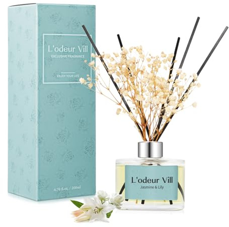 L'odeur Vill Diffusore Profumo Ambiente -200ml Diffusore profumato di Gelsomino e giglio con bastoncini Diffusore di olio essenziale di fragranza per la casa per la decorazione della mensola del bagno