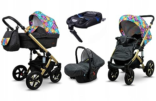 BabyLux® Carrito de Bebé Sistema de Viaje Set 4 en 1 - Sky Lark - incl. Capazo, Silla de Paseo, Silla Coche, ISOFIX Base - Cochecito - con Bolso cambiador, Cubierta para la lluvia etc.