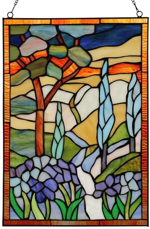 YOURANJU Hortensien Buntglas-Fensterdekoration, 40,6 cm H x 27,9 cm B Tiffany-Stil, Sonnenuntergangslandschaft, rechteckig, geeignet für Wohnzimmer, Schlafzimmer, Küche, Fensterdekoration, Aufhängung