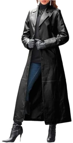 Suwequest Damen Revers Gürtelloser Ledermantel Langer Mantel Schlankes Leder Trenchcoat Mode Revers Einfarbig Jacke, Schwarz , XXL