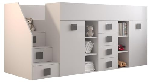 MEBLE KRYSPOL Toledo 3 Hochbett für Kinder, Jugendliche mit Stauraum - Etagenbett mit Schreibtisch, Kleiderschrank, Regal, Schubladen, Treppe - 248,5x93x123 cm - Weiß, Weiß, Grau