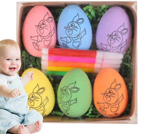 -Ostereier | 6-teiliges Ostereier-Malset zum Selbermachen | Dekorationsset für die Ostereiersuche, Korbfüller, bemalbare beflockte Eier mit 6 Stiften für Kinder, Jungen und Mädchen