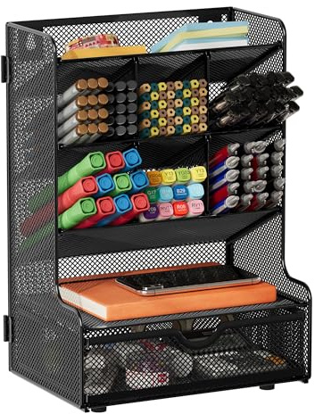 Senhoglb Netz-Stifthalter für den Schreibtisch, multifunktionaler Stifthalter mit Schublade, Schreibtisch-Stift-Organizer, einfache Montage, Wandhalterung, Metallstiftaufbewahrung für Schule, Zuhause