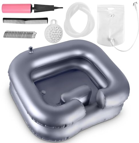 Inflatable Shampoo Basin, Loc Detox Tub for Dreads, Shampoo Buddy Bowl for Bedridden, Disabled,Injured with 2.5 GL Portable Water Shower Bag(Silvery)