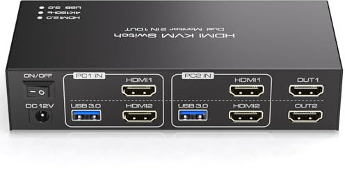 TJCXELE 4K120Hz HDMI KVM Switch 2 Monitors 2 Computers USB 3.0 KVM Switch Dual Monitor Share Dual Monitors and 4 USB Ports Support Extended and Copy With USB 3.0 Cables & Desktop Controller