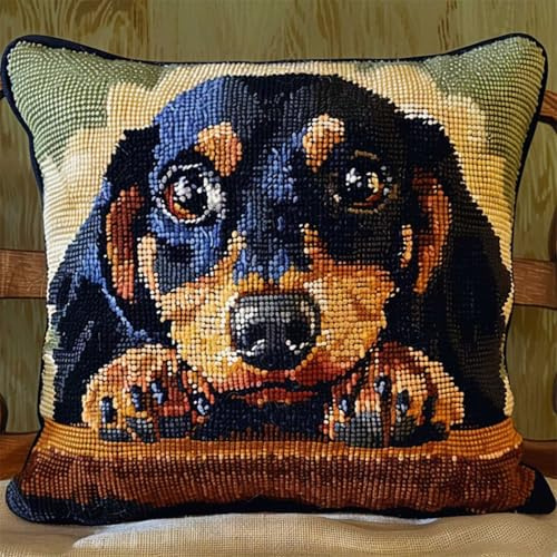 RKFLGEW DIY stickpackung kissen Dackel Tier knüpfen set erwachsene kissen Süßer Hund DIY Knüpfkissen-Set，Anfänger，Erwachsene，Teenager，Geschenk，Stickerei，Heimdekoration，Knüpfhaken-Set 43x43cm