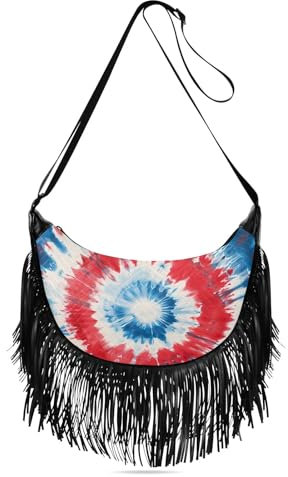 GAIREG Fransentasche, Umhängetasche, Quaste, Westernhandtaschen, Hippie-Geldbörsen für Damen, Crossbody, Weiß, Rot, Blau, Batikfärbung