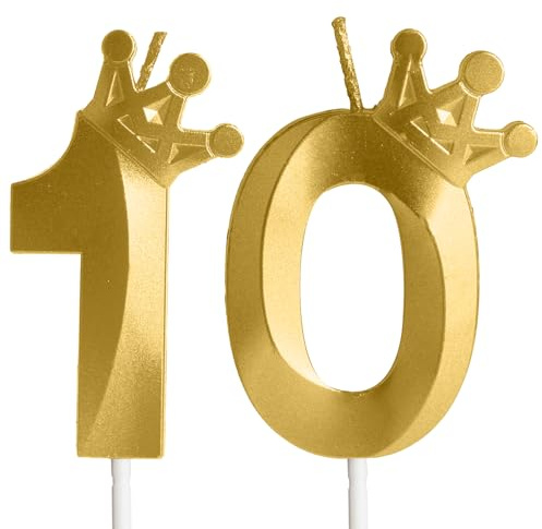 Hongplus Gold Number 10 Birthday Candle with Crown Cake Candles, Candles for, Crown Happy 10 Birthday Candles Topper Decorations for Girls Boys Birthday Anniversary Party