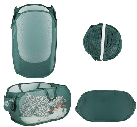 Set di 2 Cestini Pieghevoli con Pop Up - Cesto portabiancheria in rete da 75L - Pieghevoli con manici e tasche laterali - Ideali per raccogliere biancheria sporca - (Verde, 36 x 36 x 58 cm)