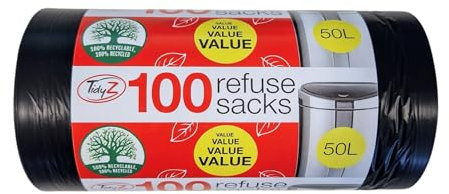 TidyZ 100 pack Refuse Sacks Made from 100% Recycled Plastic, 50L Perfect for Home Kitchen Students
