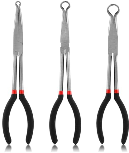 3PCS 11 Long Hose Grip Pliers, 5/16 Inch, 1/2 Inch, 3/4 Inch Ring Nose Hose Gripper Pliers Kit, O-shape Tip Serrated Jaws, Offset Spark Plug Boot Removal Pliers for Narrow Space