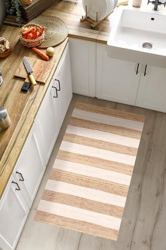 VINILIKO Design | Alfombra Vinílica Rayas Yute 50x100 cm - Antideslizante, Impermeable, Lavable - Varios Tamaños - Alfombra Vinilo Salón, Cocina