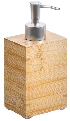 KESPER | Seifenspender mit Edelstahl-Pumpe, Material: Bambus, Kunststoff, Edelstahl, Maße: 8,5 x 6,5 x 18 cm, Farbe: Braun - Naturholz | 19402