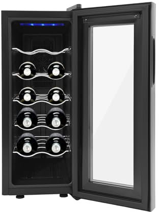 Tenddya Nevera para vino, 12 botellas, 33 litros, con patas ajustables con luz LED, minibar, con puerta de cristal