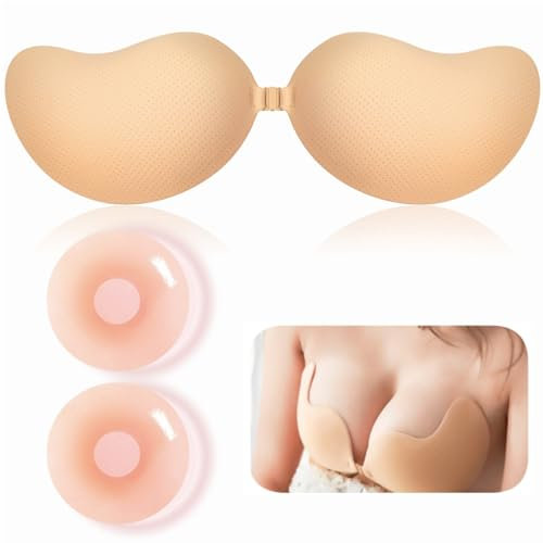 ANGELEMM Sticky Bra Push Up - Invisible Stick on Bra, Women's Adhesive Bras Push Up Bra Cups, Silicone Strapless Backless Bras for Women Party Dress (UK, Cup & Band, D, Beige)