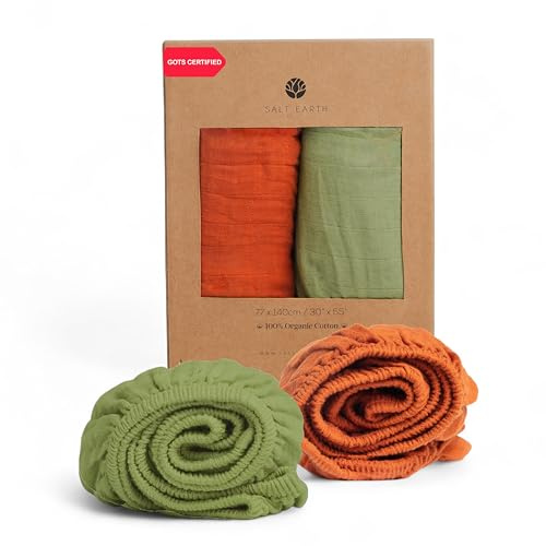 Salt Earth 100% Organic Cotton Muslin Standard Fitted Crib Sheet, 52x28, 2 Pack Soft Breathable Natural Cotton Sheets Baby Mattress Bed Sheets, No Slip Baby Christmas Crib Sheets (Green & Rust)