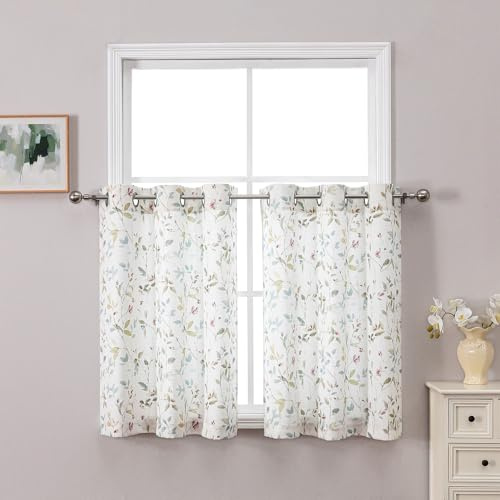 OWENIE Floral Cafe Curtains 24 Inch Length Kitchen Curtains Tier 2 Panels Set, Printed Light Filtering Linen Blend Textured Short Curtain Drapes for Bedroom Basement Bathroom, Each 38 Wx24 L