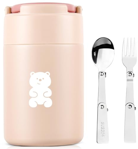 HOUSETEC Food Flask - 600ML Insulated Lunch Box with Foldable Fork& Spoon, Leak Proof Soup Flask, Portable Wide Mouth Soup Containers for Outdoors, Indoors (Pink)