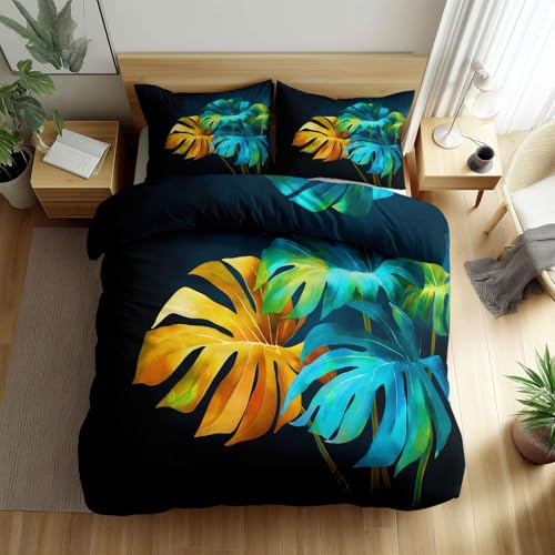 Easy Care Black Quilt Cover Set 135 x 200 cm, Reversible Watercolor Monstera Leaves Printed Duvet Cover with Pillowcases - Cosy Hypoallergenic Bedding Single Size Duvet Cover Set