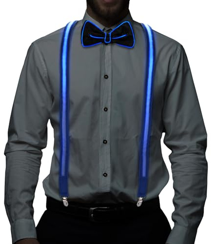 Bretelles et noeud papillon lumineux à LED pour hommes,LED Bretelle Noeud Papillon,LED Bretelles Homme,Cravate Lumineuse,3 Modes de Flash,pour festival de musique,fête costumée d'Halloween （Bleu）