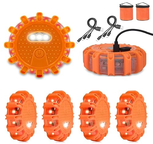 Qiping 6 StüCk Warnleuchte mit Magnet und Haken, USB-Autoladegerät Und 3-In-1-Ladekabel mit 9 Flash-Modi, LED Rundumleuchte Für PKW LKW RV Camping, Wandern, Bergsteigen