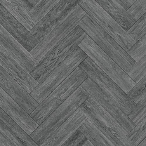Vinyl Flooring Wood Oak Herringbone Design Foam Backed Vinyl Flooring Roll | Non-Slip Easy Clean Waterproof Lino Vinyl Floor | Living Dining Room, Lounge, Hallway Flooring (Dark Grey, 3m x 7m)