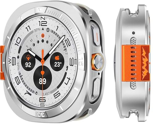 Suphart Metallskydd kompatibelt med Samsung Galaxy Watch Ultra Case 2025/2024, 2-i-1, skyddande robust stötfångare med bakram för Galaxy Watch 47 mm (silver/vit)